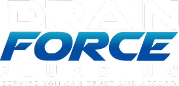 Logo for Drain Force Plumbing with the tagline "Service you can trust and afford" in white and blue gradient text.