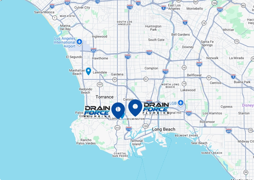 Map showing part of Los Angeles with three marked locations labeled "Drain Force Plumbing" near Lawndale, Carson, and Long Beach. Major highways and city names are visible.