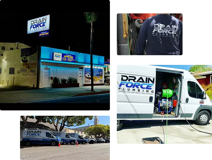 Collage showing a Drain Force Plumbing building, branded vans, a technician in uniform, and plumbing equipment in use.